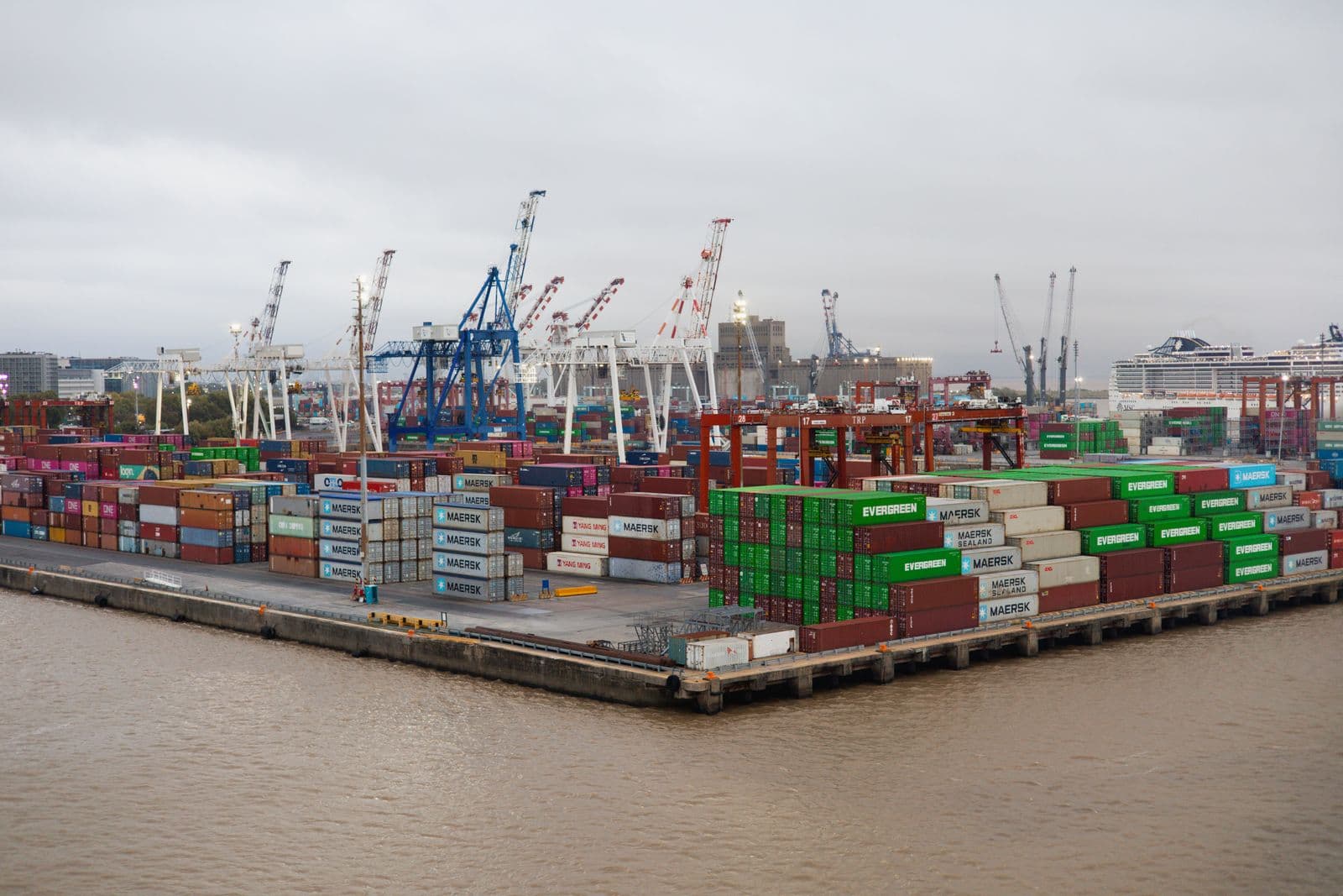 Port à conteneurs avec grues et piles de conteneurs maritimes