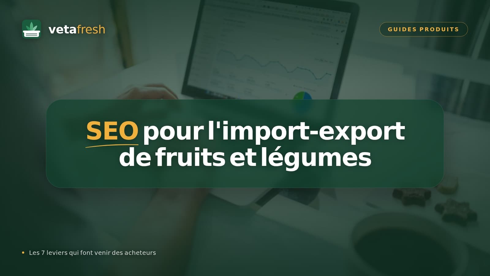 Ordinateur portable affichant un tableau de bord d'audience, affiche « SEO pour l'import-export de fruits et légumes »